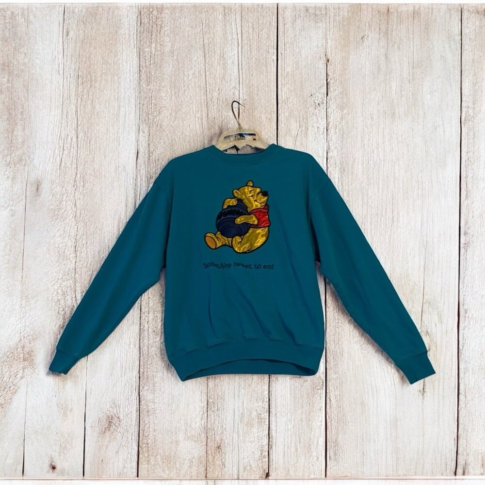 VTG 90's Pooh Crewneck Sweatshirt Embroidered Y2K Teal Blue Mickey Inc. Small